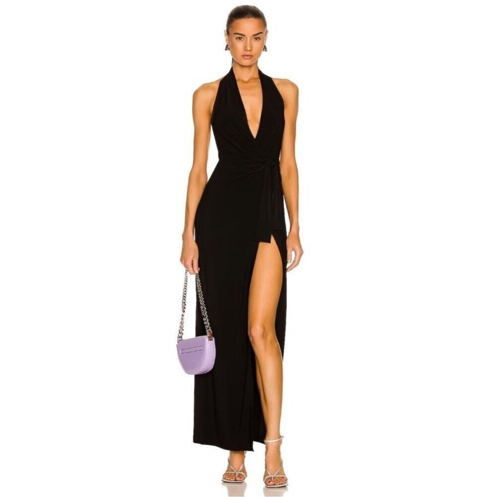 Norma Kamali Black Halter Maxi with High Side Slit